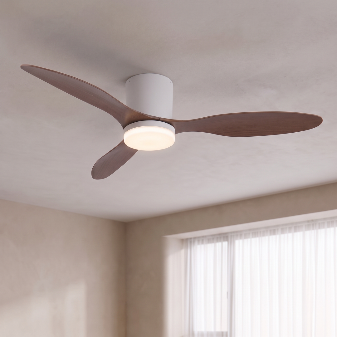 White Walnut 52 inch low profile ceiling fan with LED light on a ceiling