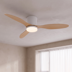 White Wood Grain 52 inch low profile ceiling fan with LED light on a ceiling