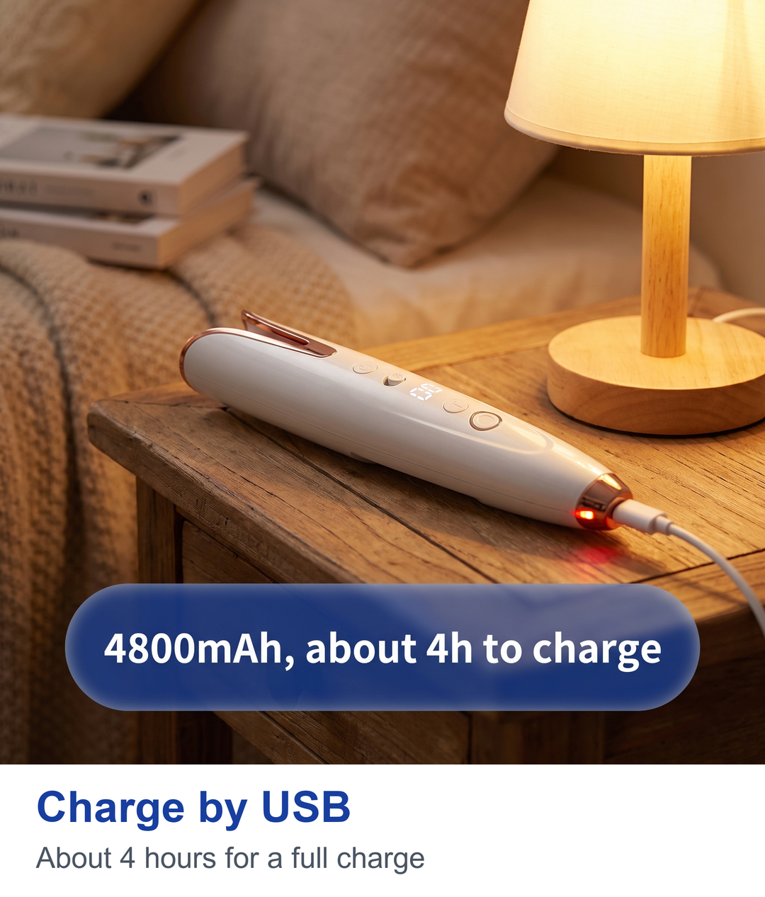 Automatic curling iron charging by USB with the charge light on and a 4800mAh, about 4 hours to charge label