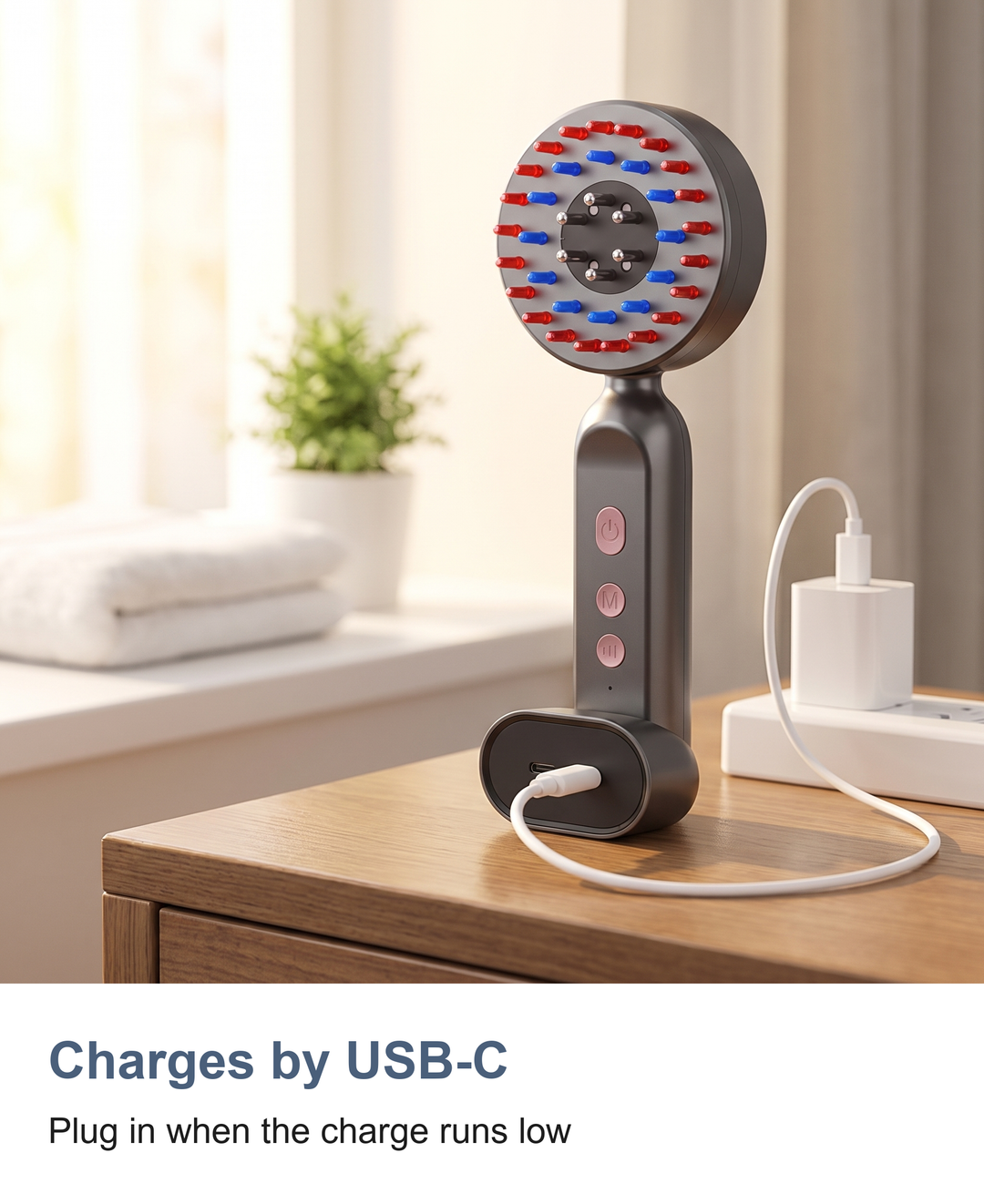 The scalp massager charging through its Type-C port