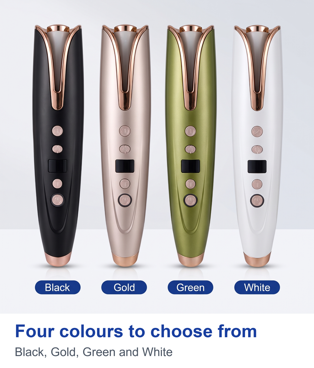 Automatic curling iron in Black, Gold, Green and White, each labelled