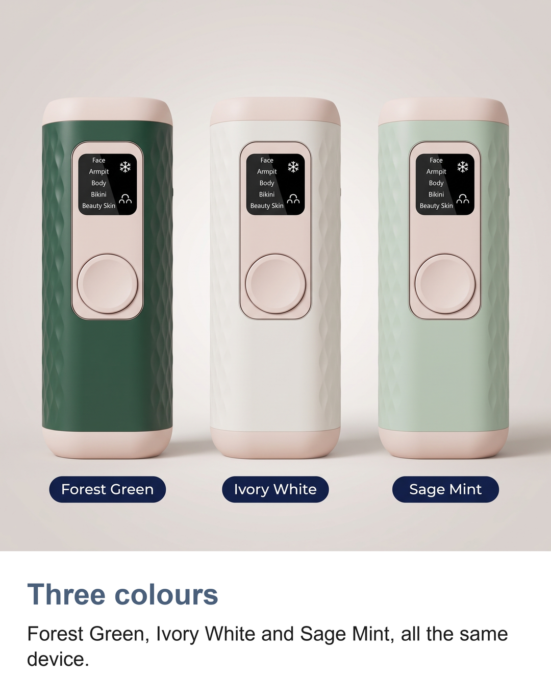 The IPL hair removal device in forest green, ivory white and sage mint