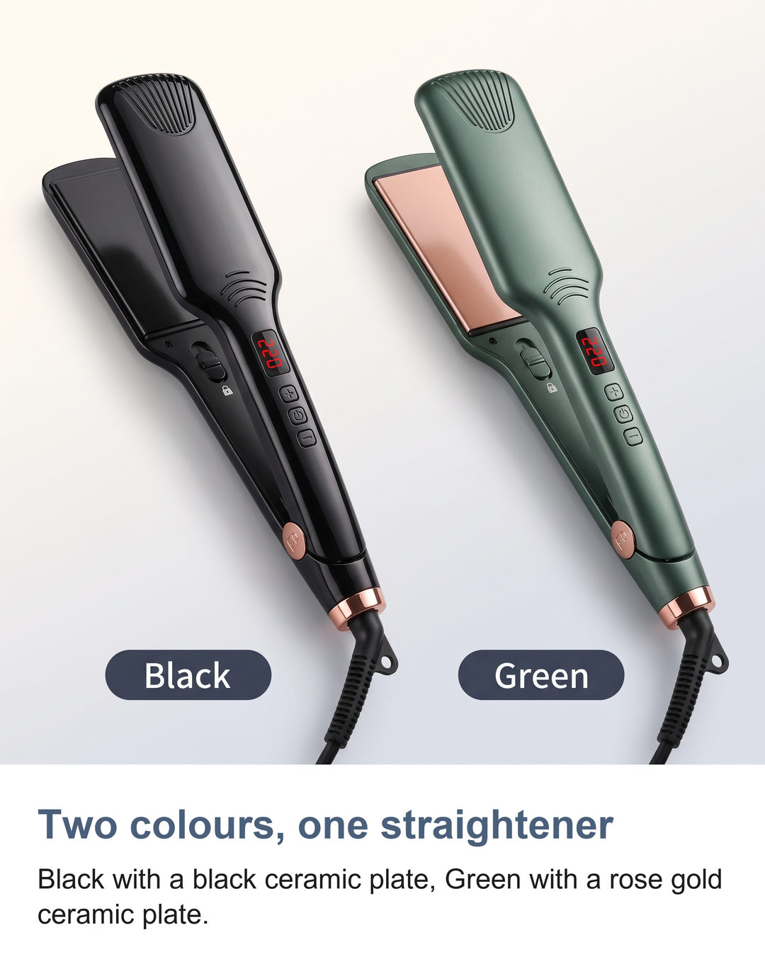 The ceramic hair straightener in Black and in Green side by side
