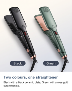 The ceramic hair straightener in Black and in Green side by side
