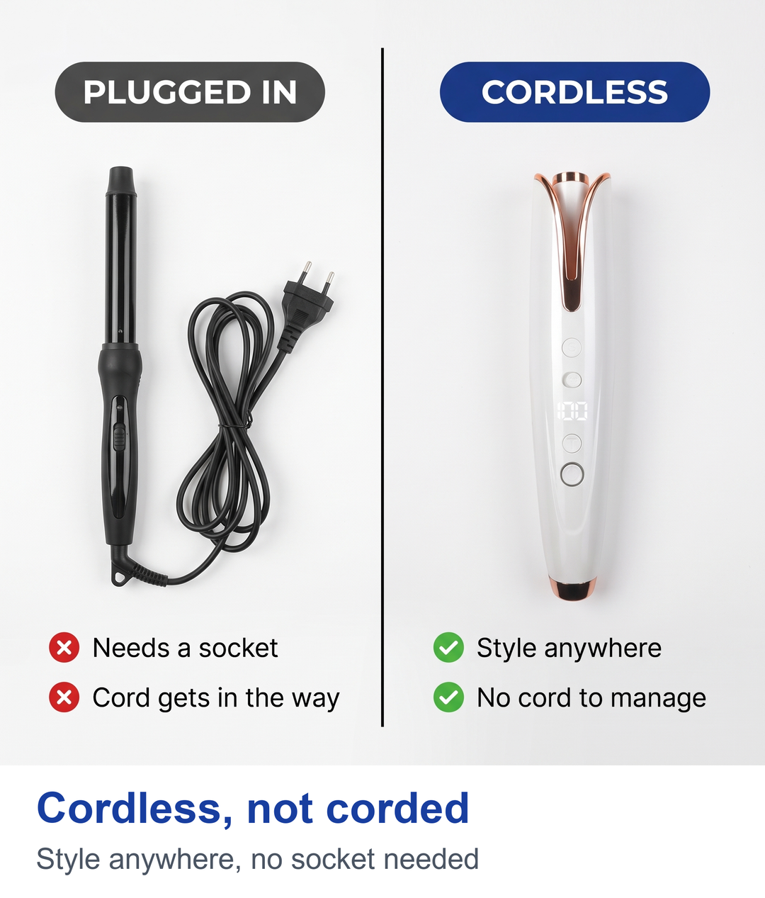 Comparison of a corded curling wand labelled plugged in and the cordless automatic curling iron labelled cordless