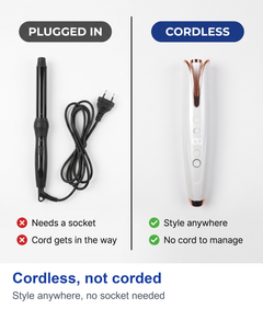 Comparison of a corded curling wand labelled plugged in and the cordless automatic curling iron labelled cordless