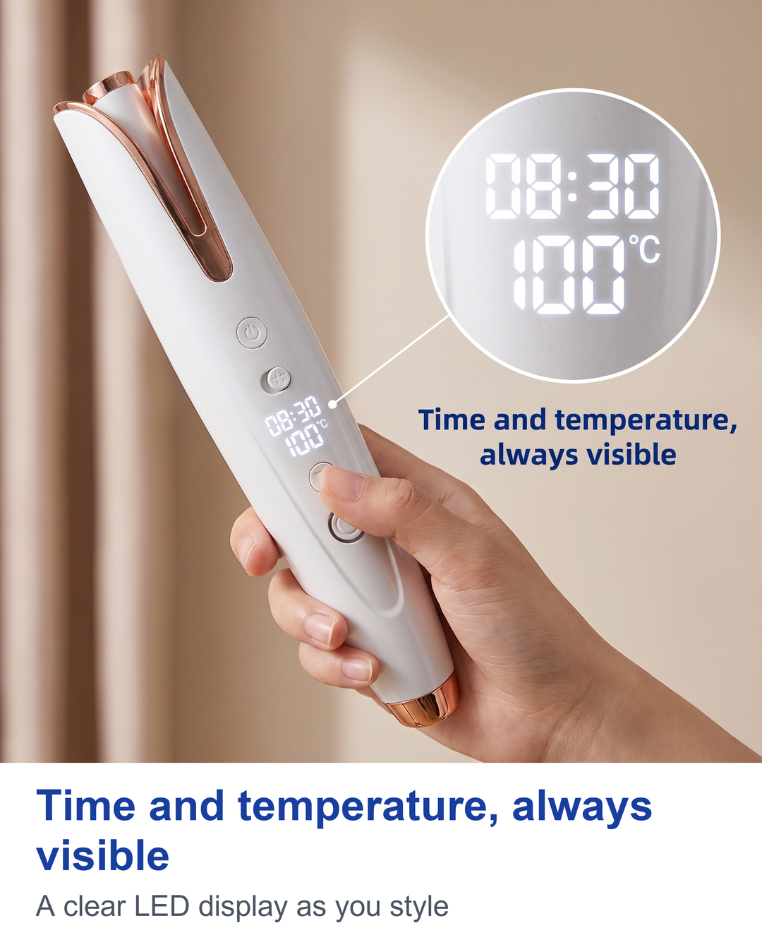 Close up of the LED display on the automatic curling iron with a zoom circle showing time and temperature