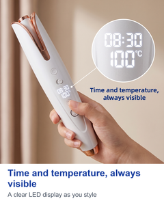 Close up of the LED display on the automatic curling iron with a zoom circle showing time and temperature
