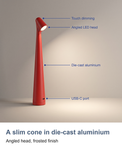 Cordless rechargeable table lamp: A slim cone in die-cast aluminium