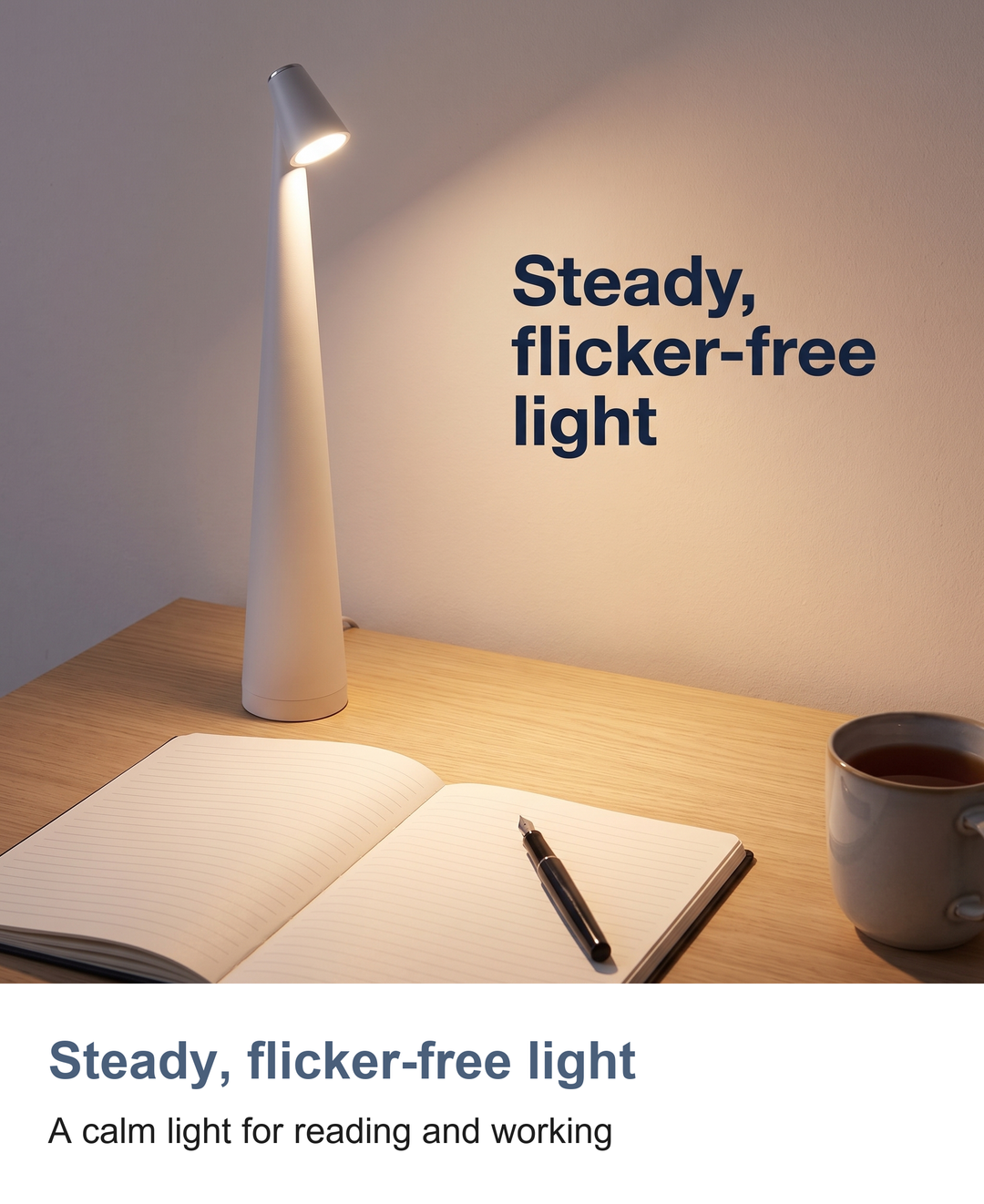 Cordless rechargeable table lamp: Steady, flicker-free light