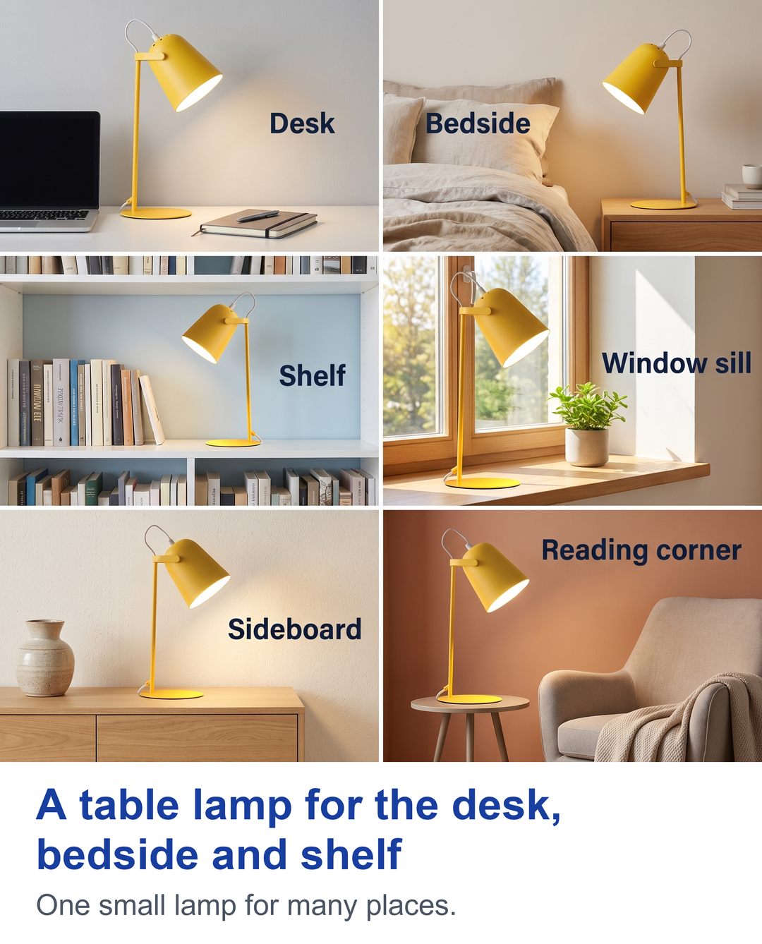 A table lamp for the desk, bedside and shelf