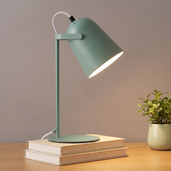 Green adjustable metal desk lamp lit on a desk