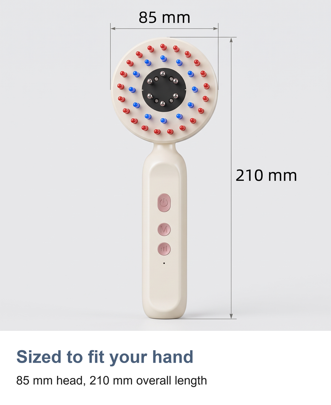 Measured view of the scalp massager, 85 mm head and 210 mm overall length