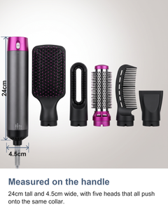 Measured view of the hot air styler handle, 24cm tall and 4.5cm wide, beside its five heads