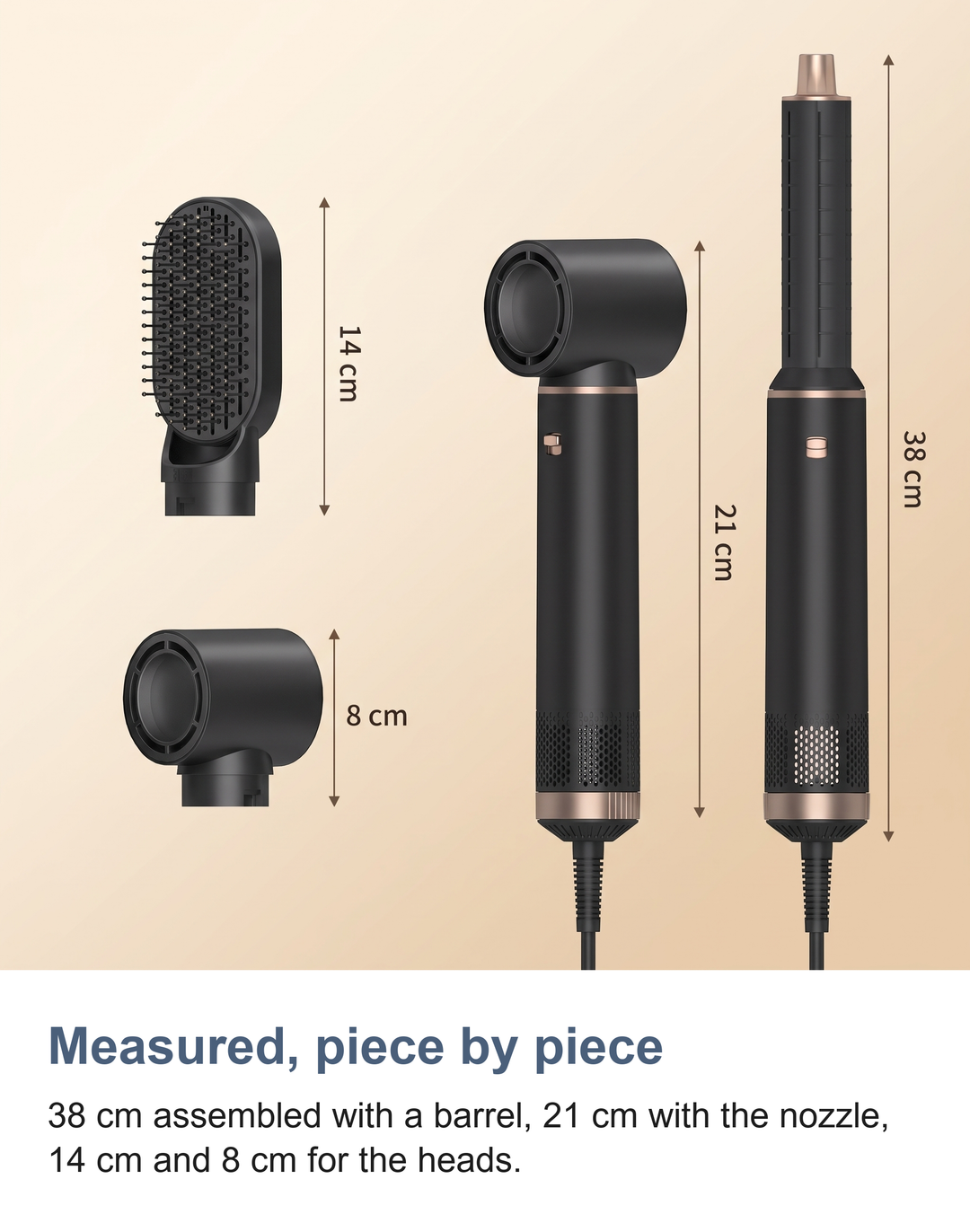 Measured view of the air curler and its heads, 38 cm assembled, 21 cm with the nozzle, 14 cm and 8 cm