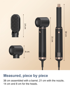 Measured view of the air curler and its heads, 38 cm assembled, 21 cm with the nozzle, 14 cm and 8 cm