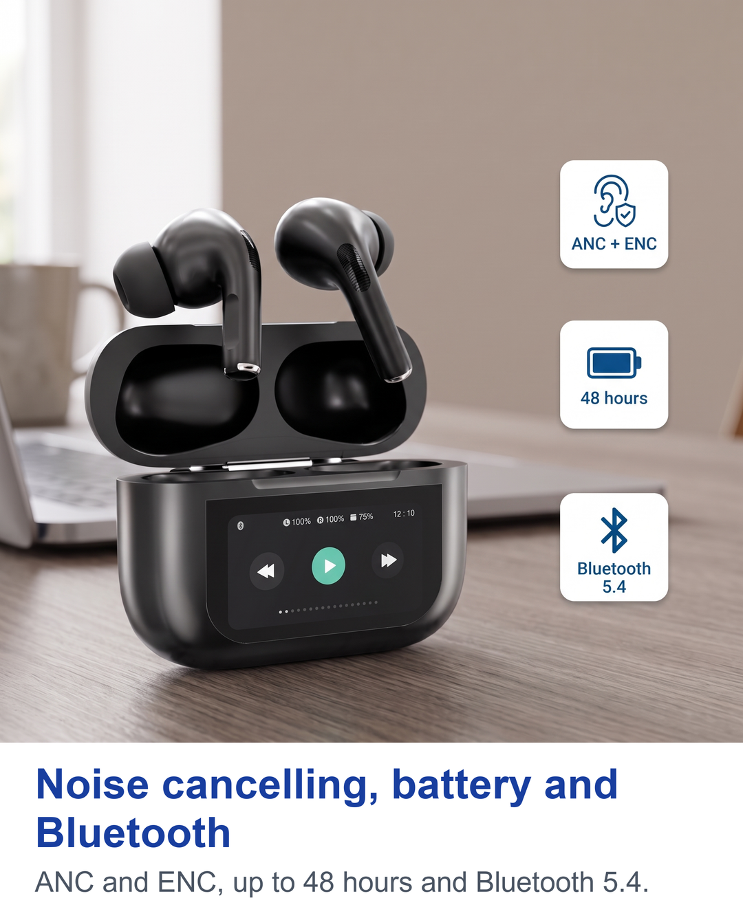 Noise cancelling, battery and Bluetooth. ANC and ENC, up to 48 hours and Bluetooth 5.4.