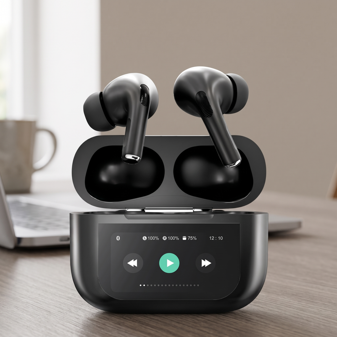 Black wireless earbuds with a touch screen charging case
