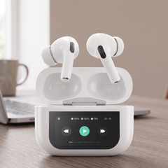 White wireless earbuds with a touch screen charging case