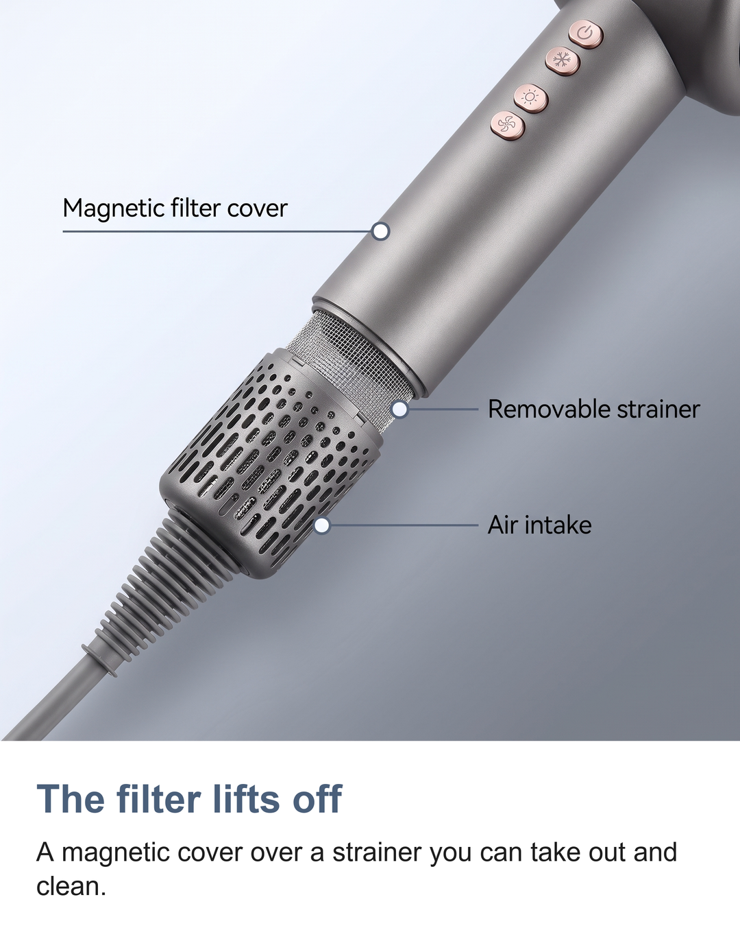 Macro of the hair dryer air intake with the magnetic filter cover lifted off