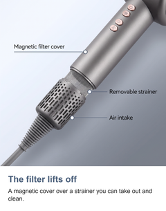 Macro of the hair dryer air intake with the magnetic filter cover lifted off