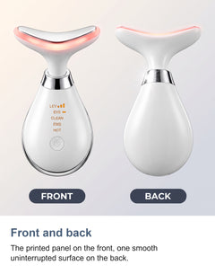 The neck massager seen from the front with its printed panel and from the back