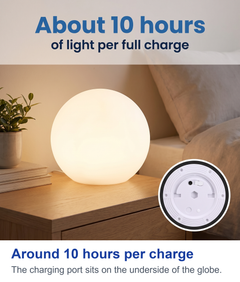 Around 10 hours per charge. The charging port sits on the underside of the globe.