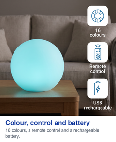 Colour, control and battery. 16 colours, a remote control and a rechargeable battery.