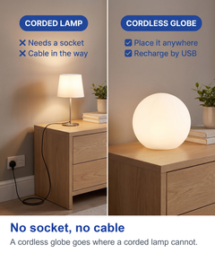 No socket, no cable. A cordless globe goes where a corded lamp cannot.