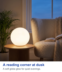 A reading corner at dusk. A soft globe glow for quiet evenings.