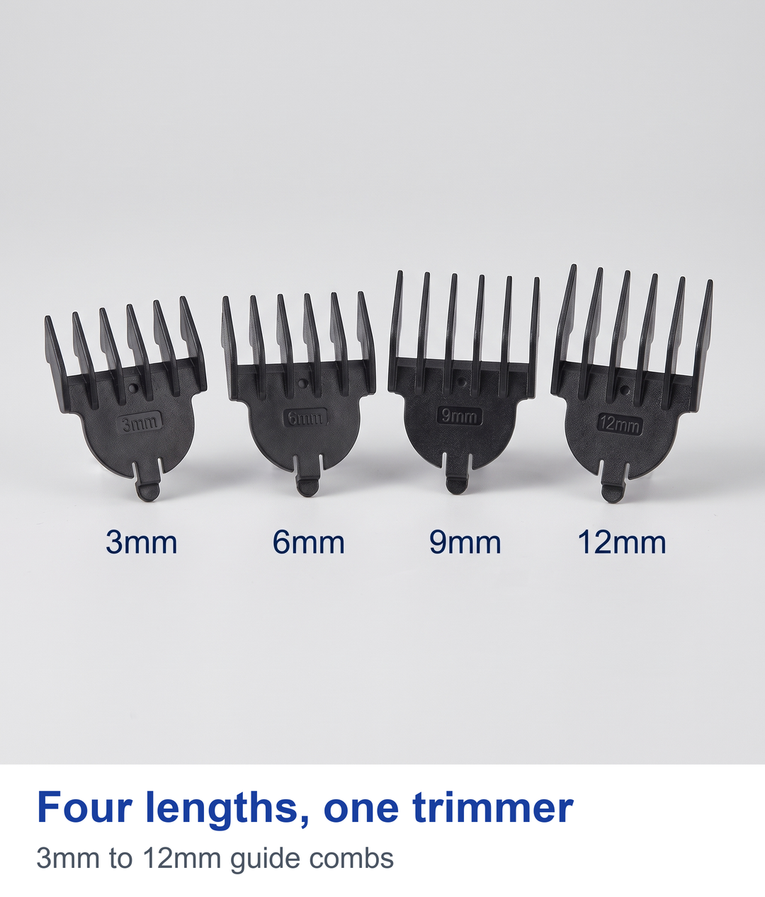 Four guide combs labelled 3mm 6mm 9mm 12mm