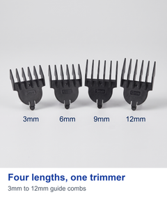 Four guide combs labelled 3mm 6mm 9mm 12mm