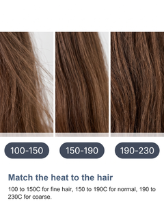 The three heat ranges of the hair straightener against fine, normal and coarse hair