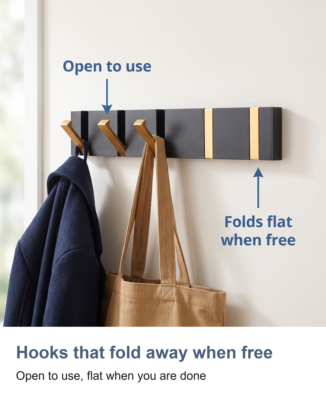 Folding wall hook rail: Hooks that fold away when free