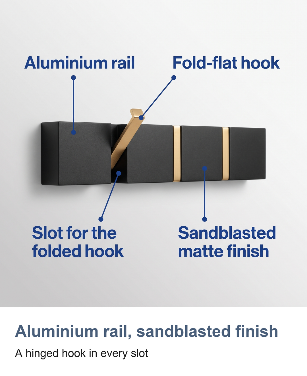 Folding wall hook rail: Aluminium rail, sandblasted finish