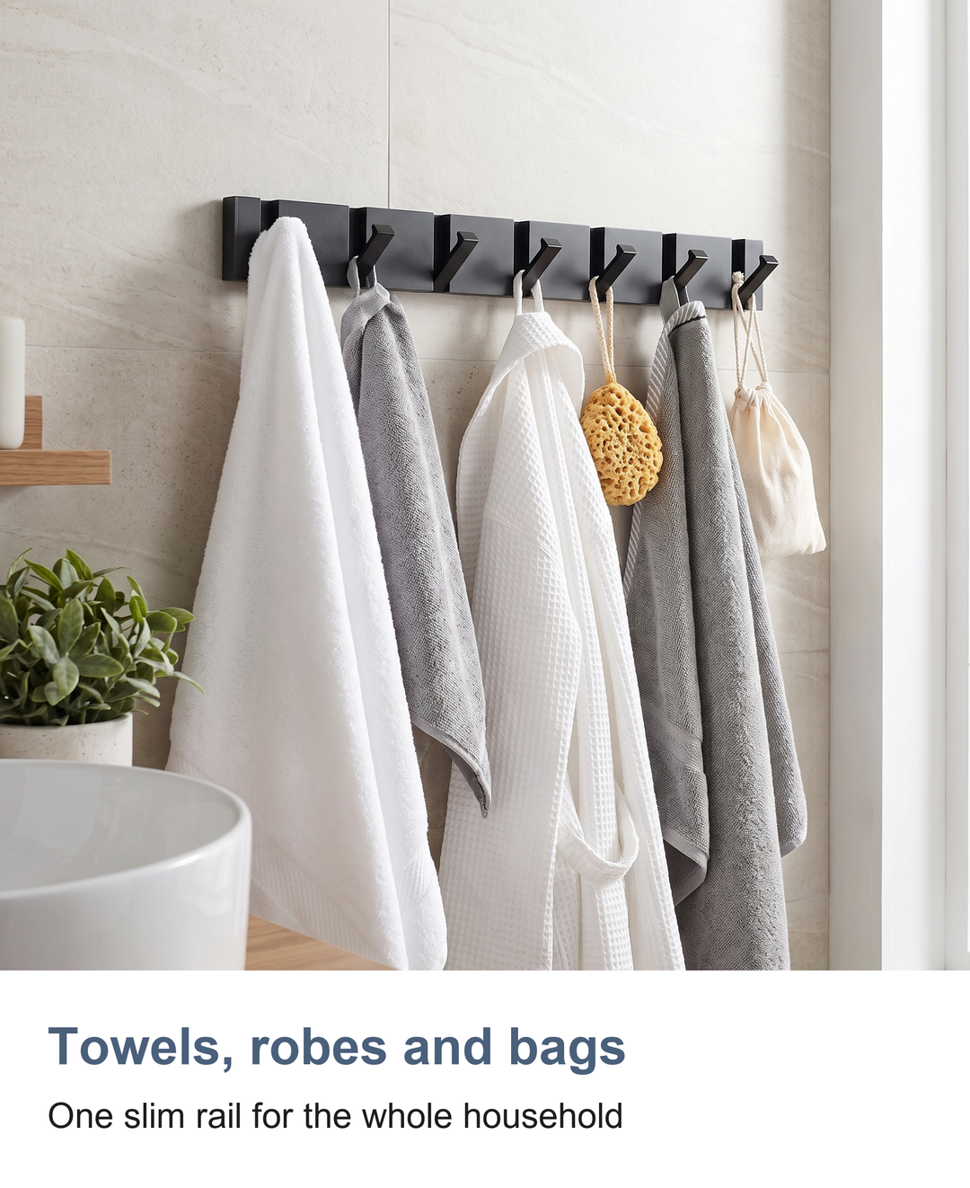 Folding wall hook rail: Towels, robes and bags