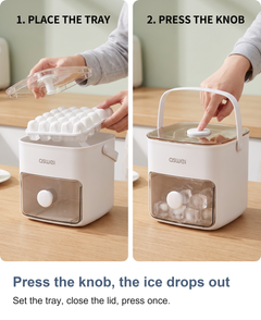 Press the knob, the ice drops out: Set the tray, close the lid, press once.