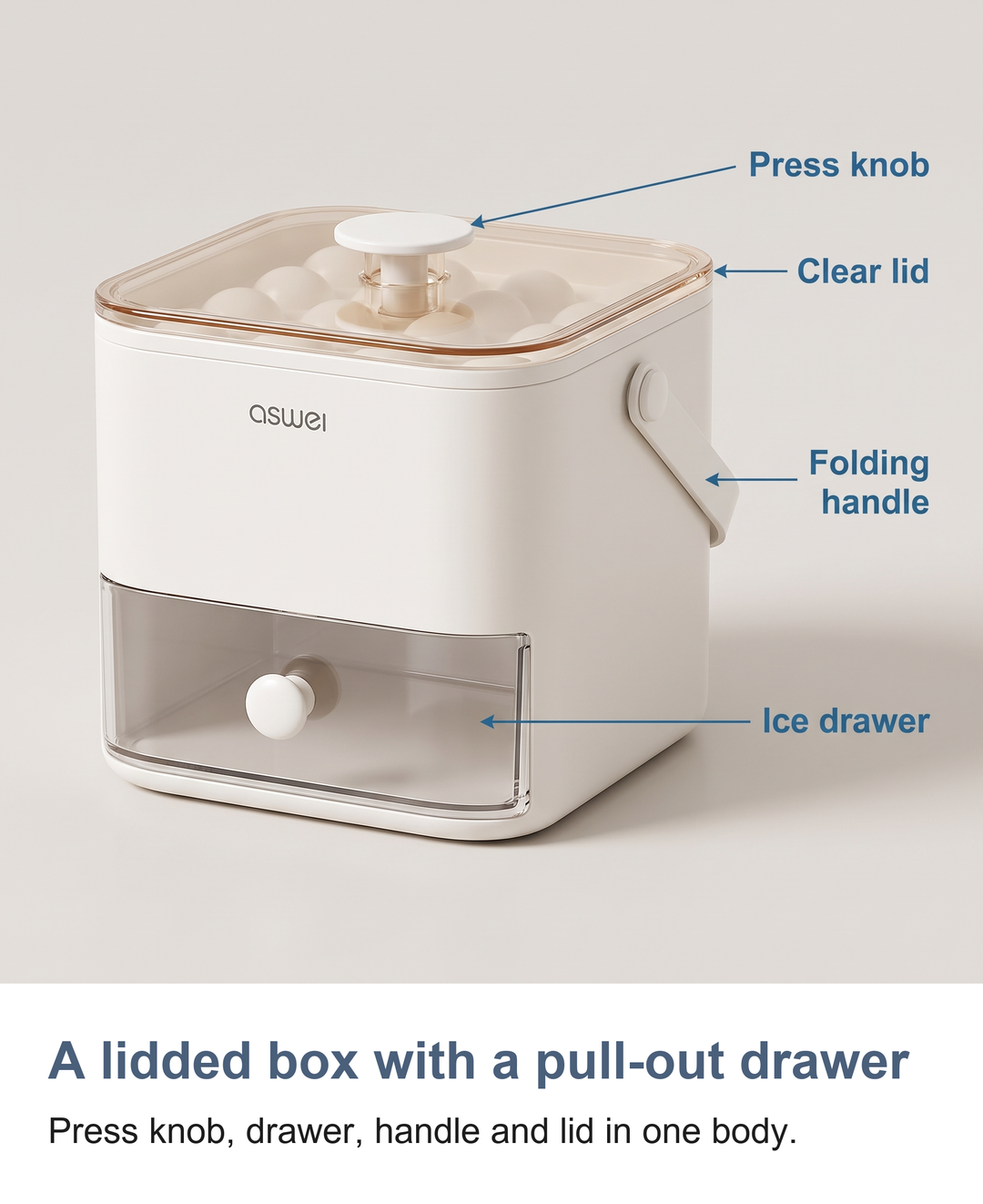 A lidded box with a pull-out drawer: Press knob, drawer, handle and lid in one body.
