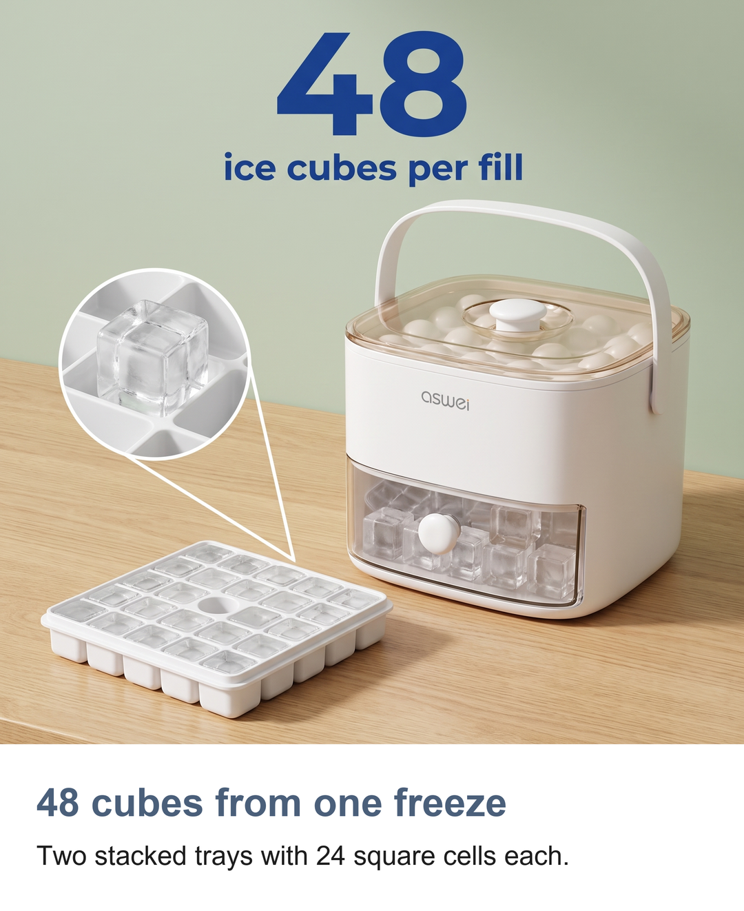 48 cubes from one freeze: Two stacked trays with 24 square cells each.