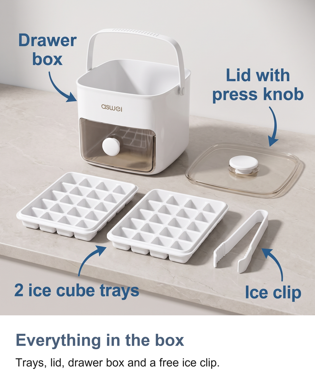 Everything in the box: Trays, lid, drawer box and a free ice clip.