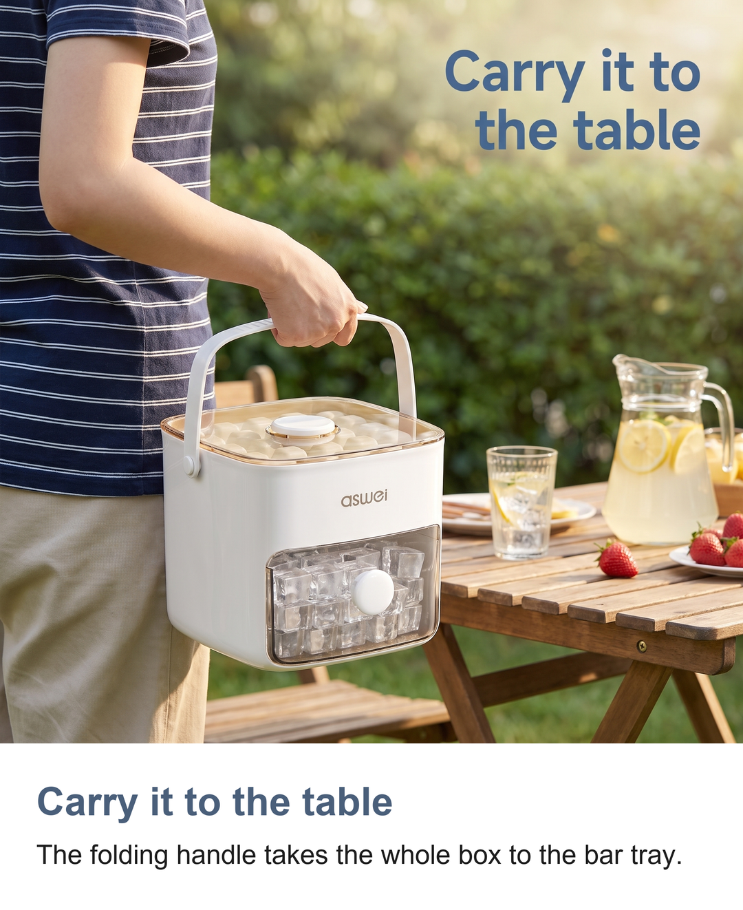 Carry it to the table: The folding handle takes the whole box to the bar tray.