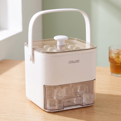 White press ice cube maker with 48 cubes, storage drawer and ice clip