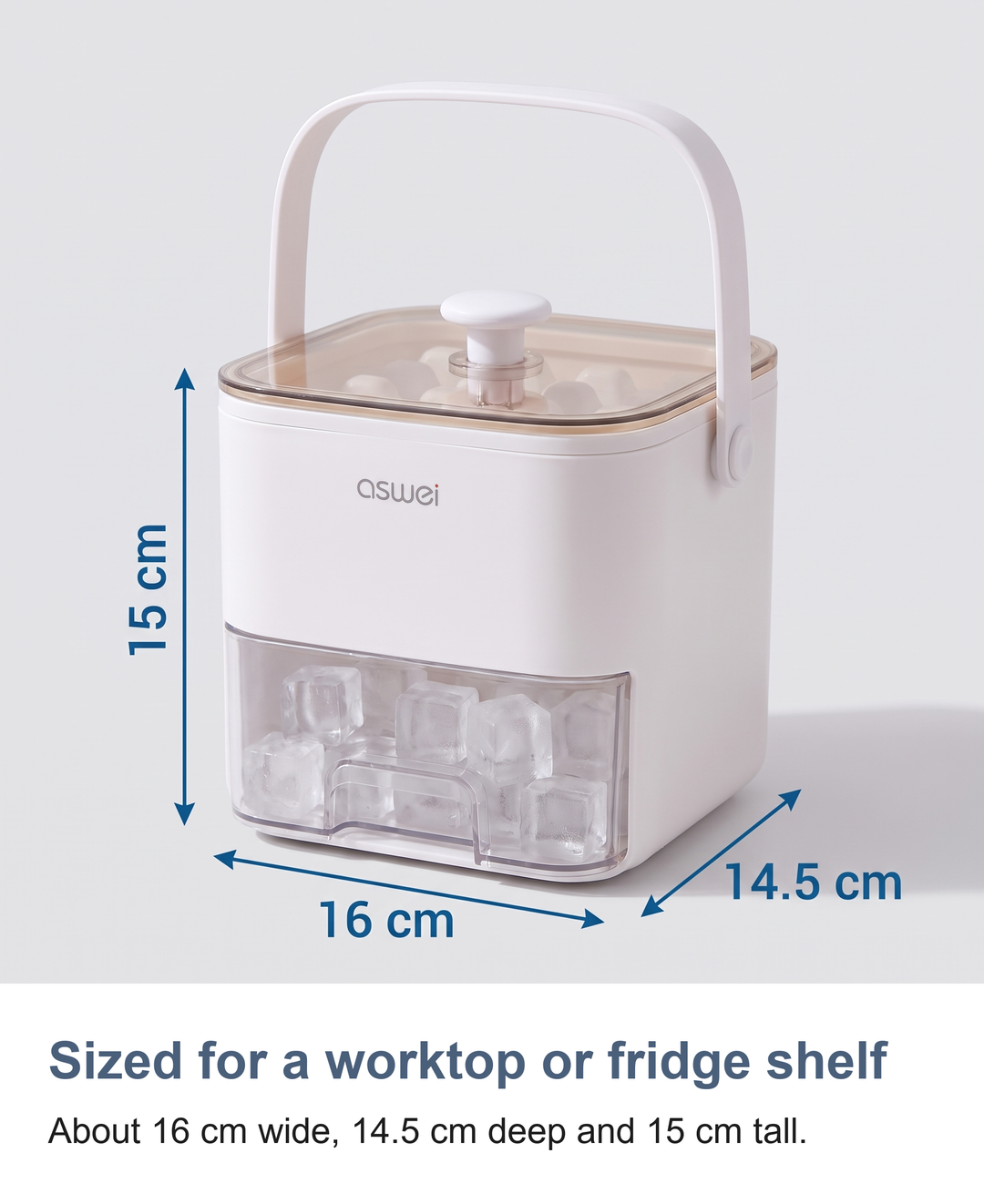 Sized for a worktop or fridge shelf: About 16 cm wide, 14.5 cm deep and 15 cm tall.