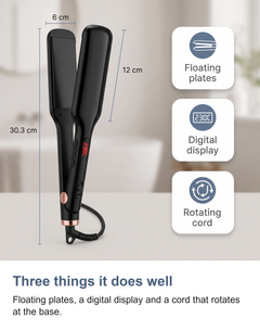 Three features of the hair straightener: floating plates, digital display and a rotating cord