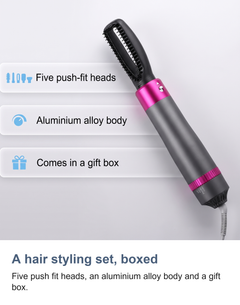 The hair styling set with five push fit heads, an aluminium alloy body and a gift box