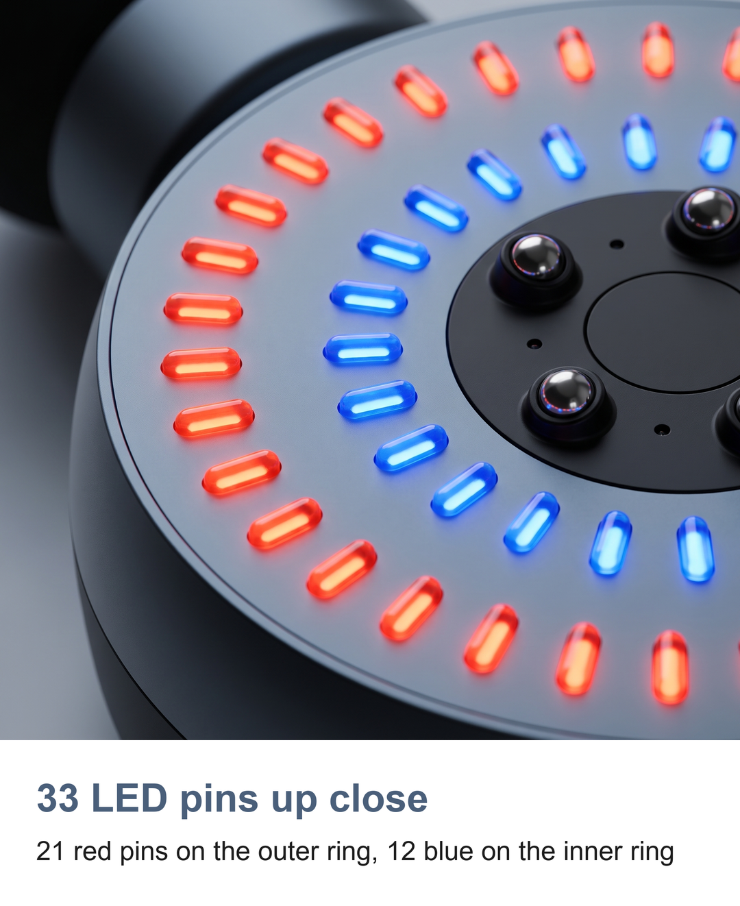 Macro of the lit LED rings, 21 red pins outside and 12 blue pins inside