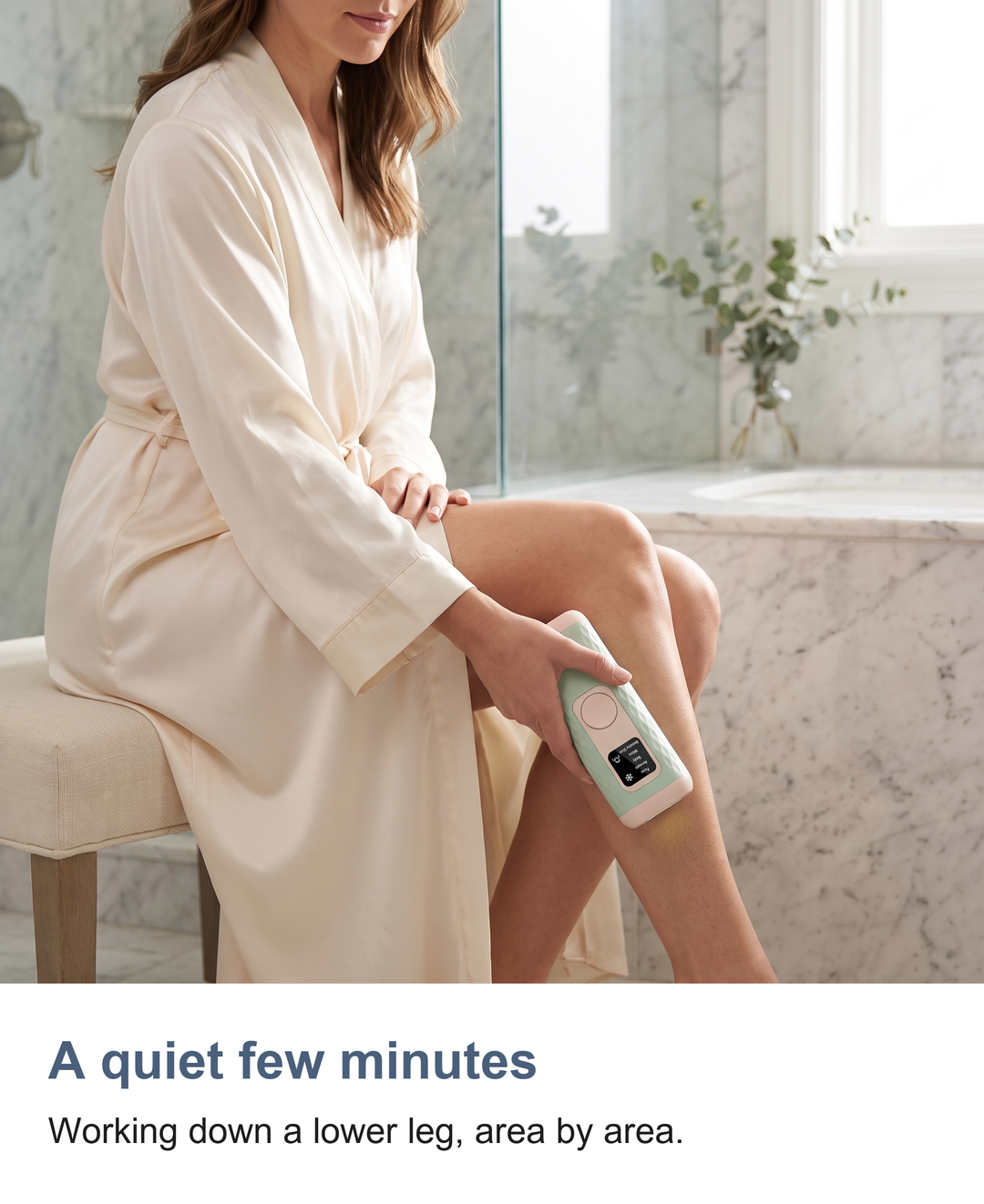 The IPL hair removal device being used on a lower leg at home