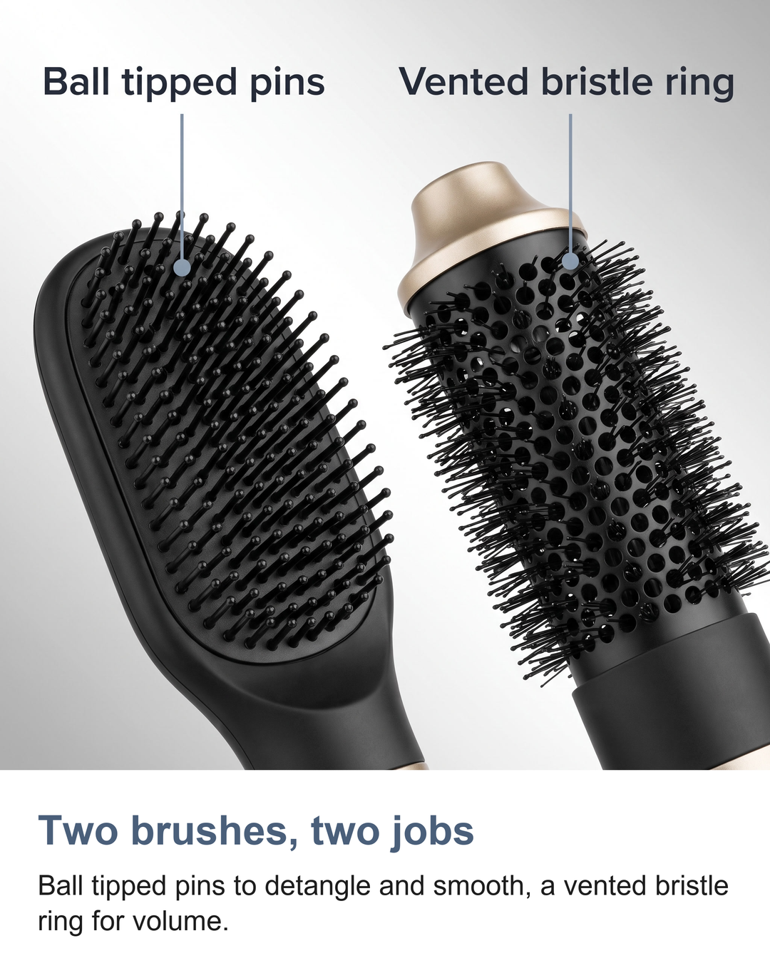 Macro of the smoothing brush ball tipped pins and the vented bristle ring of the round curling brush
