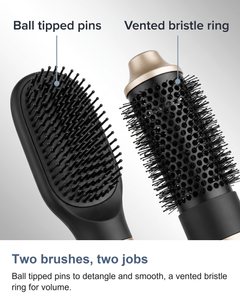 Macro of the smoothing brush ball tipped pins and the vented bristle ring of the round curling brush