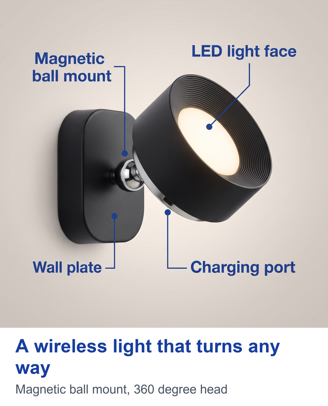 A wireless light that turns any way. Magnetic ball mount, 360 degree head